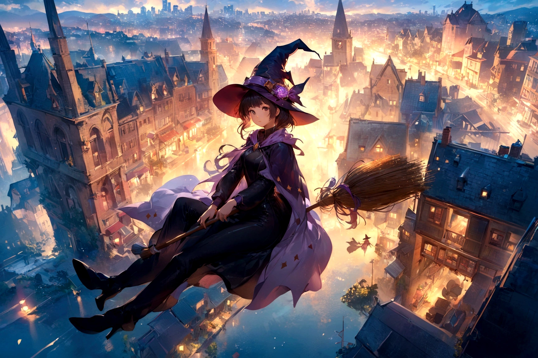 witch flying over a city with a broom and a hat, guweiz on artstation pixiv, guweiz on pixiv artstation, ross tran 8 k, 2. 5 d cgi anime fantasy artwork, guweiz, sky witch, artwork in the style of guweiz, mechanized witch girl, anime fantasy artwork, ross tran. scenic background
