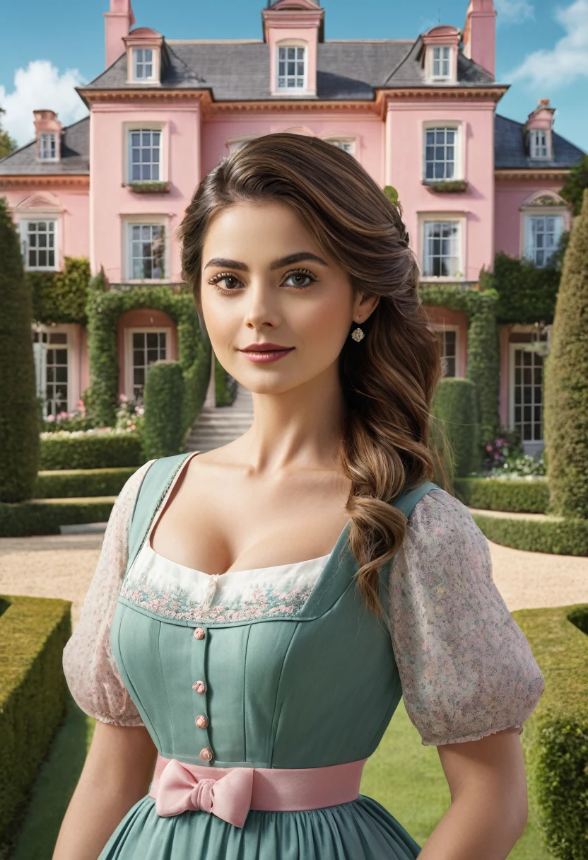 Create the image of Clara, a sweet woman in front of her mansion