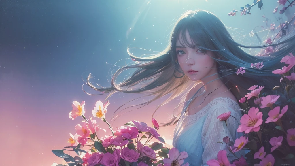 32k, Masterpiece, Highest quality, One girl, Detailed eyes, flower,Alstroemeria, Pink and light blue style,A dreamy, romantic piece,Pale yellow, Mysterious Leaves,A playful arrangement,Fantasy,High Contrast,Ink strokes,explosion,Exposure, Impression of pink and light blue tones,Abstract,((Watercolours by John Berkey and Jeremy Mann )) Brush strokes,Negative Space, Tyndall effect,