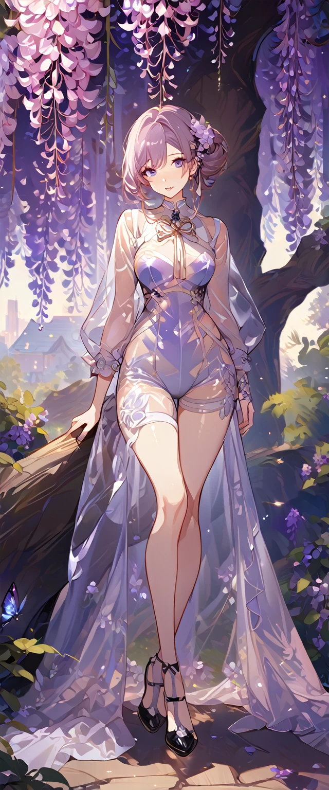 wisteria flower, wisteria tree, wisteria background, 8k ,4k , best quality, high quality, masterpiece, transparent clothes, inspired by Asukaziye artist : ask, art style : ask