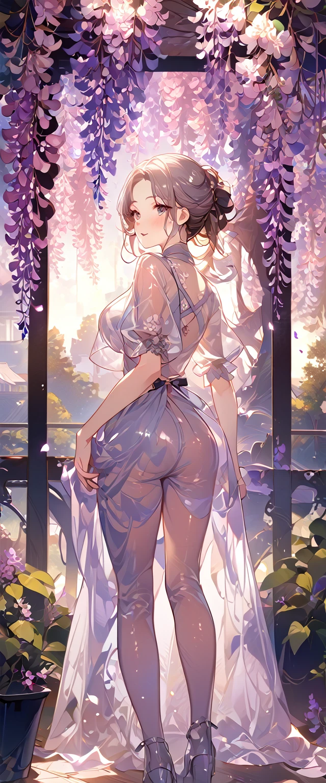 wisteria flower, wisteria tree, wisteria background, 8k ,4k , best quality, high quality, masterpiece, transparent clothes, inspired by Asukaziye artist : ask, art style : ask