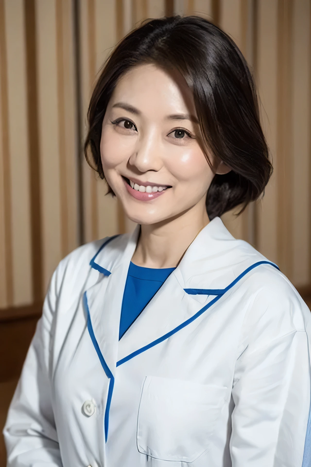 Japanese　Beauty　44 years old　head nurse　White Lab Coat　Upper Body　The background is the hospital ward　((Turning around))
