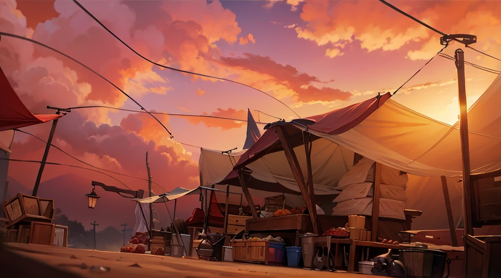 traditional market, market tents, butchery, (they sell human flesh, meats, bones, skulls on the wooden table), wooden boxes, wooden basket, strings, sand ground, dawn sky, early morning, low angle, AnatomicTech,