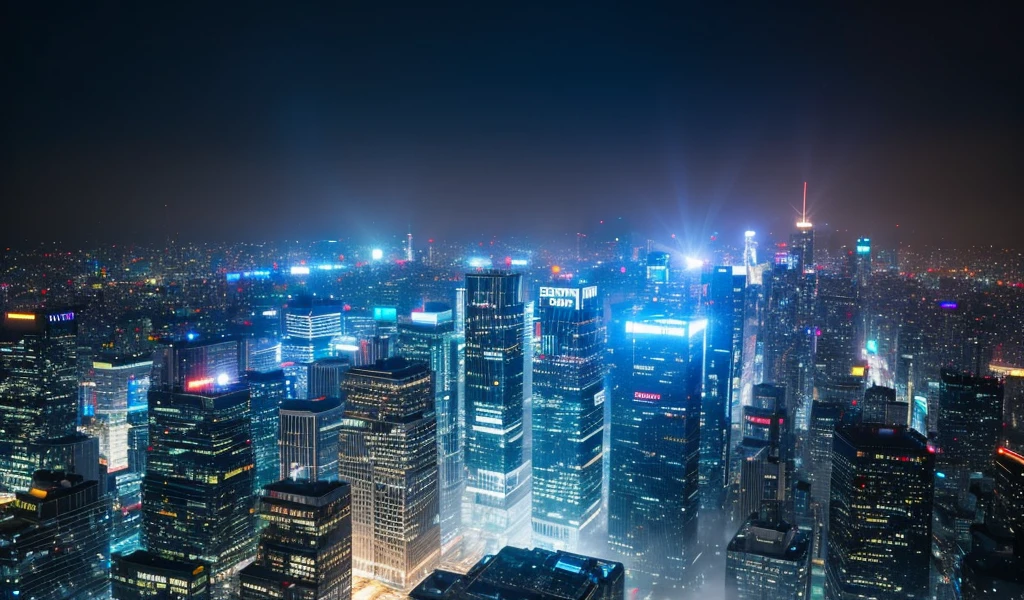 many buildings, in shibuya city, thick fog, sony a7, film grain, dark night, Photorealistic, one-point perspective, 32K, diffuse reflection, colorful shiny particles, Lens Flare, soft lighting, close up