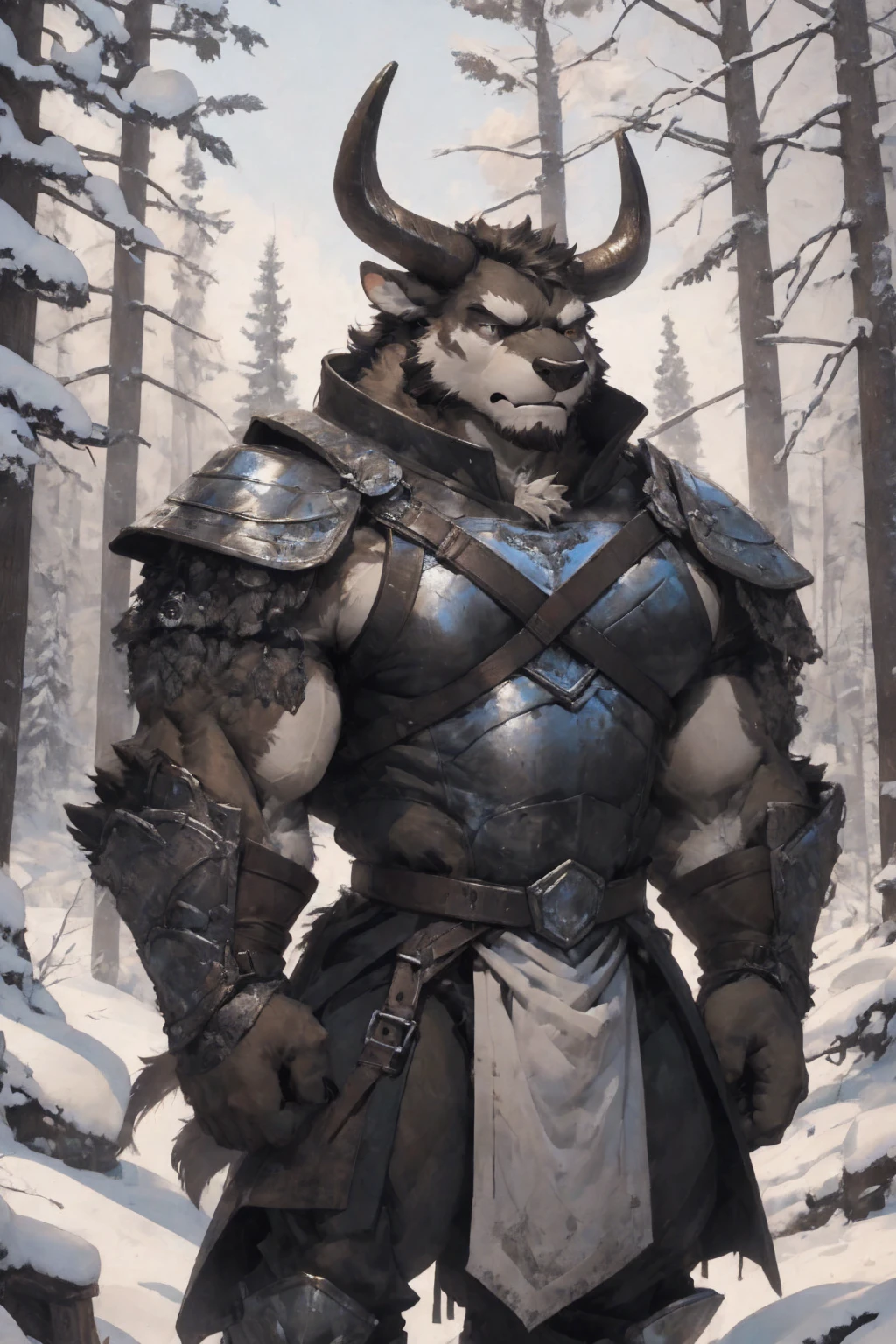 Minotaur, solo, muscular, perfect_eyes, perfect_face, abs, big_chest,wide_body, muscular_arms, winter, snowforest_background, solo, minotaur, angry, half_body, close_up, manly, man, muscular, brown_horns, big_eyes, orange_eyes, glowing_eyes, bara_body,hyper_muscles, hyper_chest, hyper_muscular_body, huge,forest, snow,snowy_forest, armor_pants, half_body,closeup, medieval_armor ,iron armor,armor,canines, moth_closed, angry,serious, HD, 4k, high_detailed_background, sunbeam,by kenket, bydarkgem, by miosha, bull, monster
