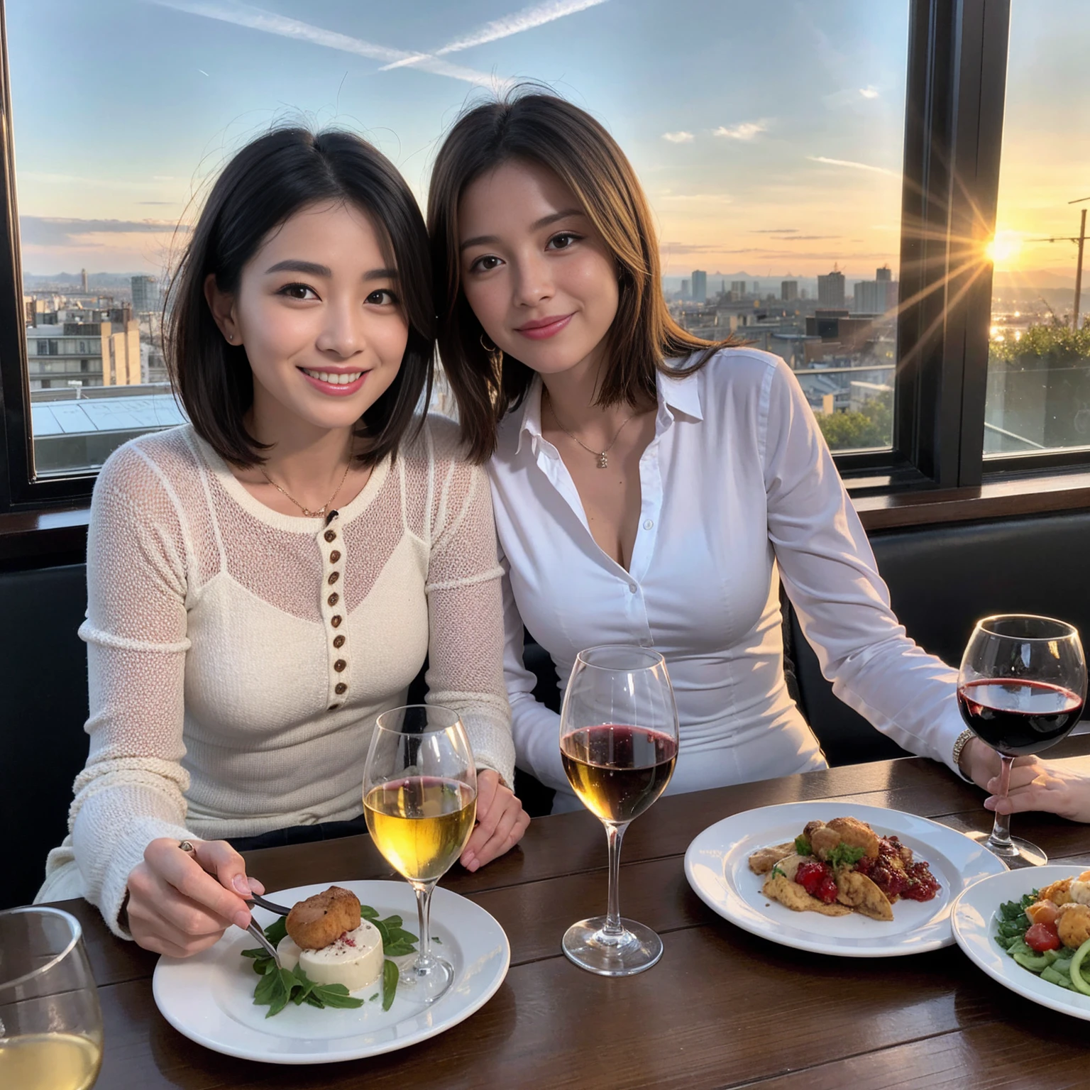 ((Highest quality、8K、masterpiece:1.3))、 (Ultra-realistic、 Genuine、Bright image、Intricate details:1.2), 最高のsmile、1 male 1 female、Beautiful couple、love love love、Lovers in Paris、Good friends、actress couple、smile、Full-course dinner at a packed table、 (Slim face), (the body is slim), (Brown Hair), (short hair), テーブルのwine glass、Please shine a light on my face、 Amazing view of the sunset sky and clouds、 years old 39 years old, red wine 、Appetizers、Wine bottle、sparkling wine、Long sleeve shirt、dress、White wine, red wine, wine glass,