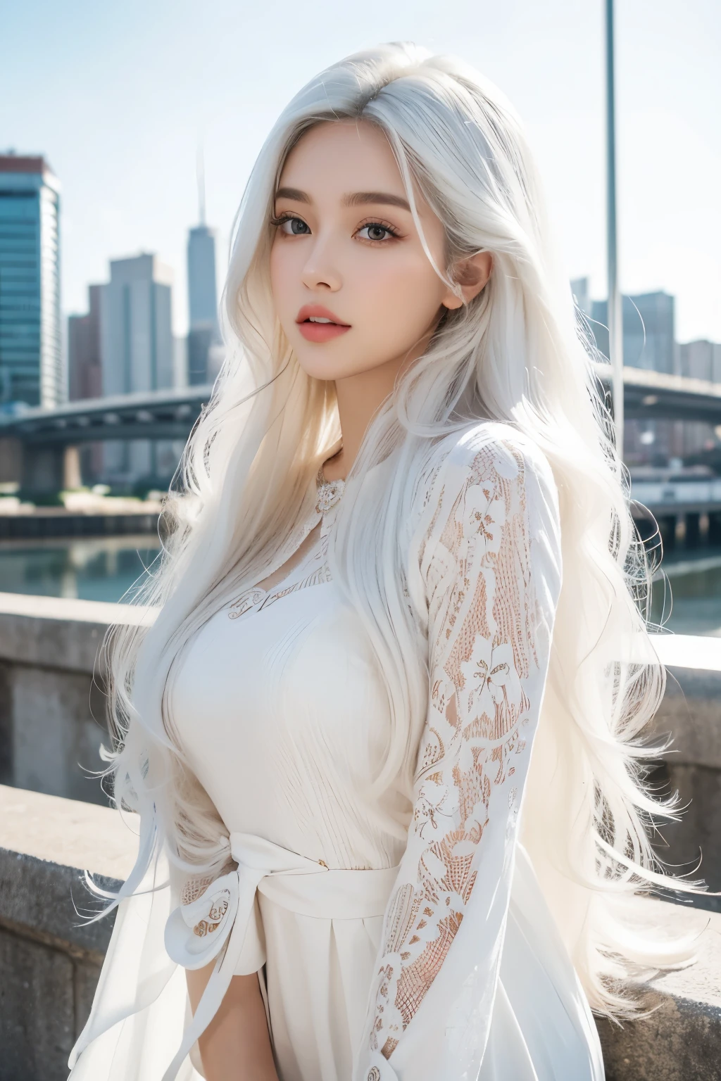 1 woman, White long curly hair,Natural and beautiful hair, clean and beautiful. White hair. Close lips. City. Elegante. Ropa elegante.