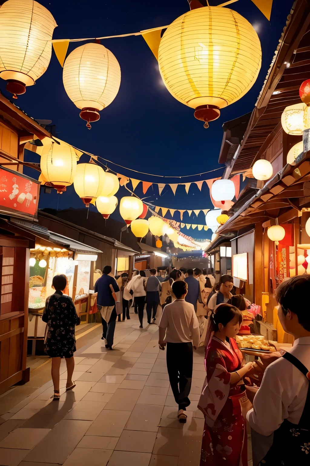 A vibrant night scene of a Japanese summer festival with stalls lined up and colorful lanterns illuminating the area. People wearing yukatas are walking around joyfully, enjoying the festivities. Some are playing goldfish scooping games, while others are savoring delicious yakisoba from the food stalls. The atmosphere is lively and festive, with the warm glow of lanterns creating a nostalgic and cheerful ambiance. The background features various festival stalls with traditional decorations, and the sky is filled with twinkling stars, adding to the magical feel of the night.
