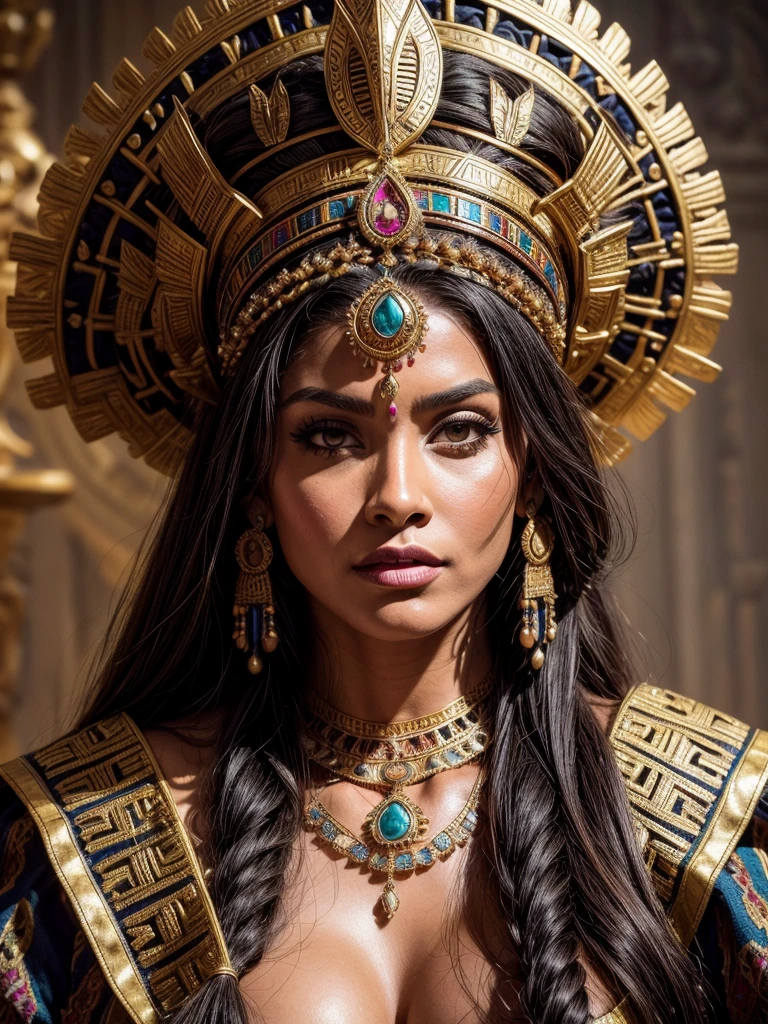 (best quality,4k,8k,highres,masterpiece:1.2),Close up Upper body shot,detailed and vibrant,(Aztec woman),ancient portrait,dark and mysterious,richly colored paintings,HDR,ultra-fine details,fierce warrior,sophisticated architecture,elaborate headdresses,exotic animals,ritualistic ceremonies,bronze sculptures,breathtaking landscapes,traditional textiles,ancient ruins,mythical gods,feathered serpent deity,mesmerizing jewelry,pyramids,sculpted hieroglyphics,sacred temples,dramatic lighting,artistically carved stone,powerful symbols,royal emperors,sacred rituals,colorful murals,extravagant costumes,cultural heritage,mystical ambiance,proud heritage,legendary tales,sacrifice,abundance of gold and precious stones,spiritual beliefs,vibrant celebrations,mesoamerican civilization,alluring art forms,detailed stone carvings,divine inspiration,lush tropical vegetation,ceremonial dances,luxurious royal palaces,enigmatic artifacts,historical legacy-bold and confident brushstrokes,majestic and grandiose,awe-inspiring architecture.