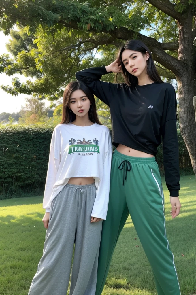 A SLIM WOMAN WEARING A T-SHIRT WITH LONG SLEEVES, LONG PANTS, TORNED PANTS, IS TAKING A COOL POSE IN FRONT OF A MAN PICTURED FROM THE FRONT IN A GREEN FIELD FULL OF BIG TREES 