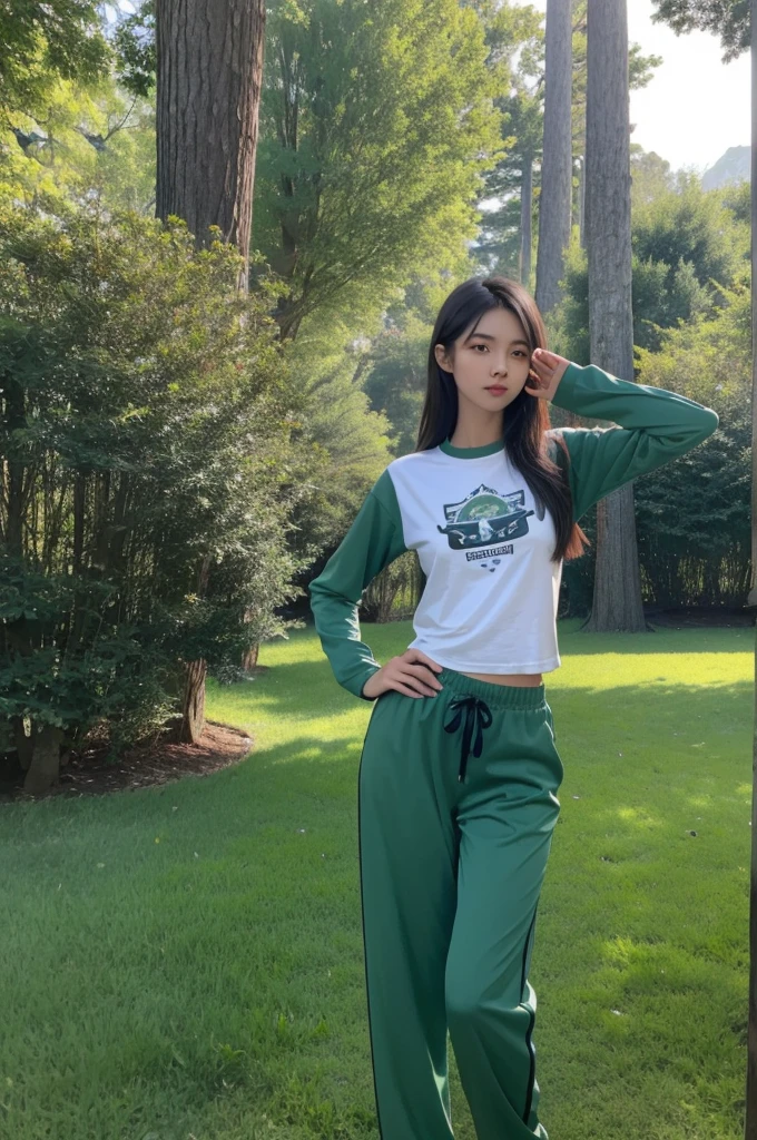 A SLIM WOMAN WEARING A T-SHIRT WITH LONG SLEEVES, LONG PANTS, TORNED PANTS, IS TAKING A COOL POSE IN FRONT OF A MAN PICTURED FROM THE FRONT IN A GREEN FIELD FULL OF BIG TREES