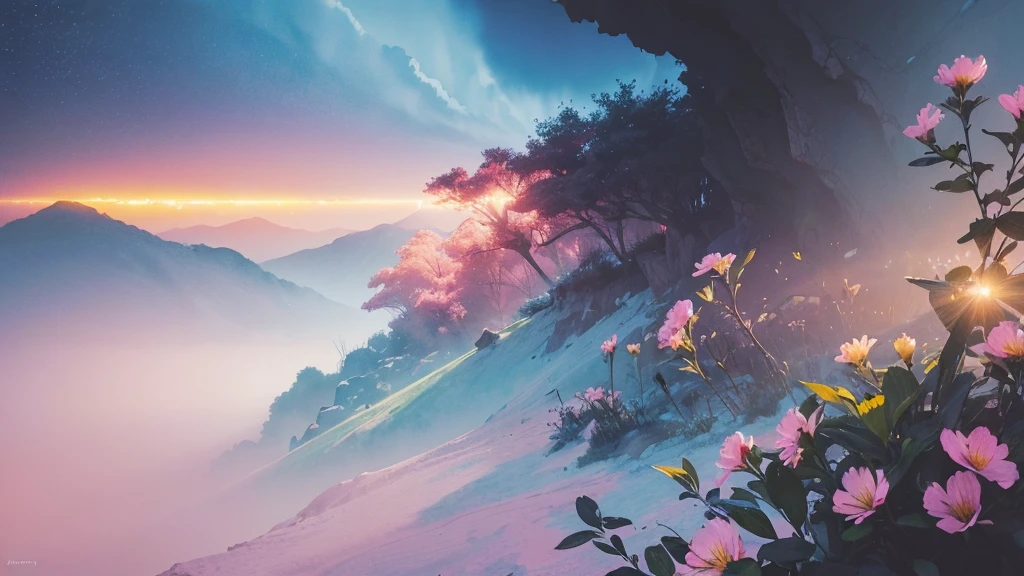 32k, Masterpiece, Highest quality, One girl, Detailed eyes, flower,Alstroemeria, Pink and light blue style,A dreamy, romantic piece,Pale yellow, Mysterious Leaves,A playful arrangement,Fantasy,High Contrast,Ink strokes,explosion,Exposure, Impression of pink and light blue tones,Abstract,((Watercolours by John Berkey and Jeremy Mann )) Brush strokes,Negative Space, Tyndall effect,