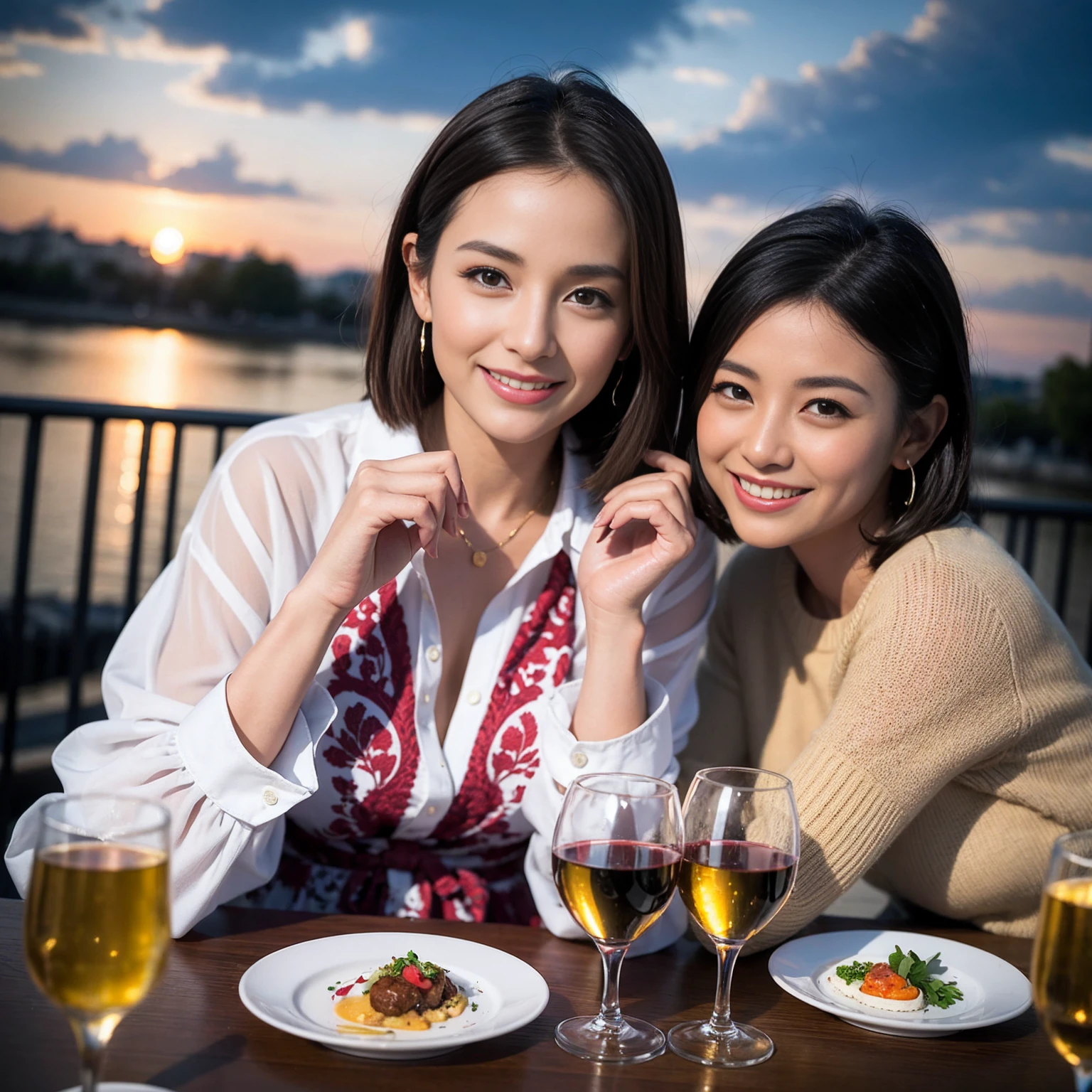 ((Highest quality、8K、masterpiece:1.3))、 (Ultra-realistic、 Genuine、Bright image、Intricate details:1.2), 最高のsmile、1 male 1 female、Beautiful couple、love love love、Lovers in Paris、Good friends、actress couple、smile、Full-course dinner at a packed table、 (Slim face), (the body is slim), (Brown Hair), (short hair), テーブルのwine glass、Please shine a light on my face、 Amazing view of the sunset sky and clouds、35 years old 39 years old, red wine 、Appetizers、Wine bottle、sparkling wine、Long sleeve shirt、dress、White wine, red wine, wine glass,