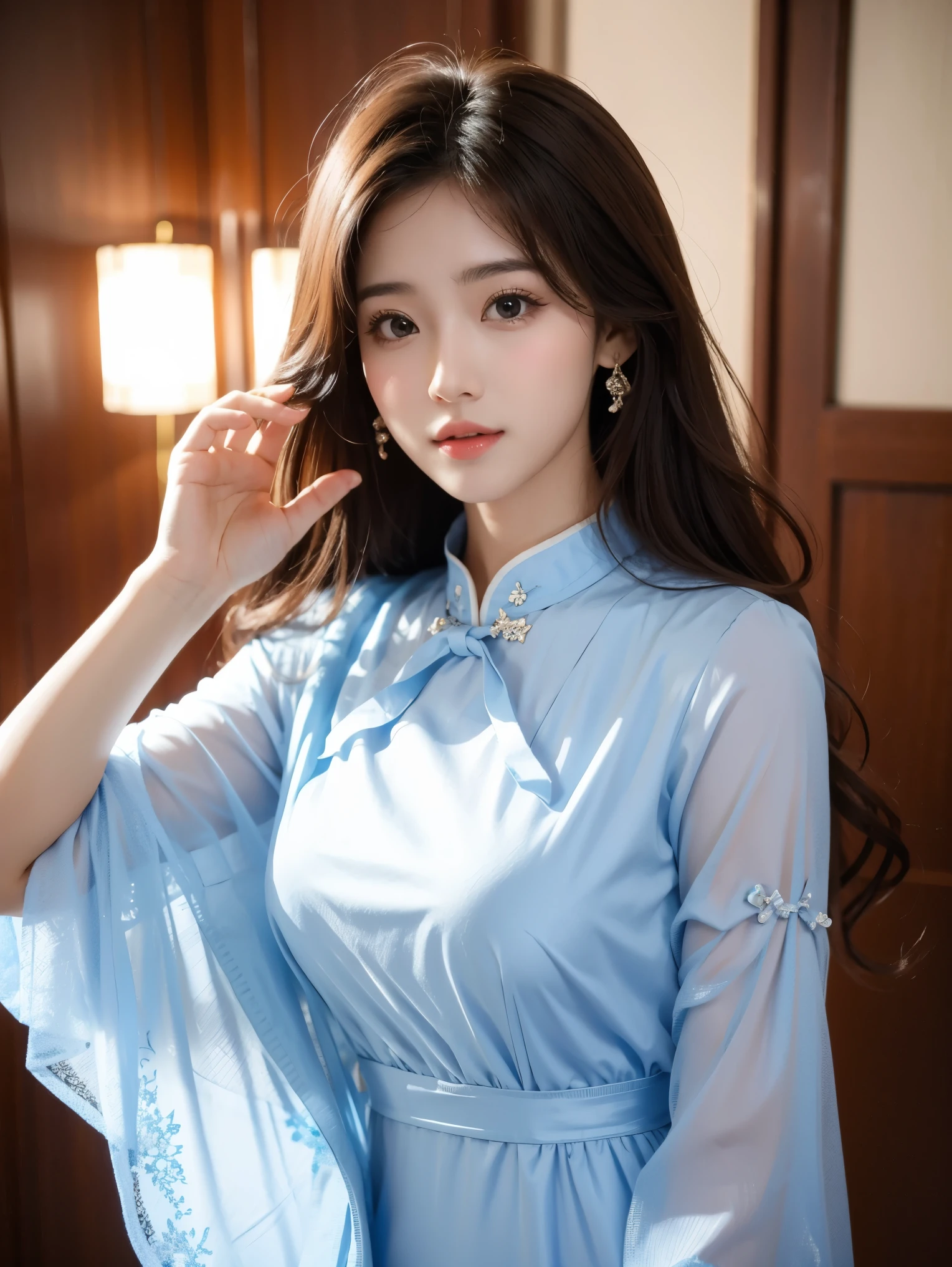 Ultra-realistic 8k, CG, Flawless, Cute expression, Intricate details, 18-year-old girl wearing chiffon cheongsam, Best quality, Realistic photos