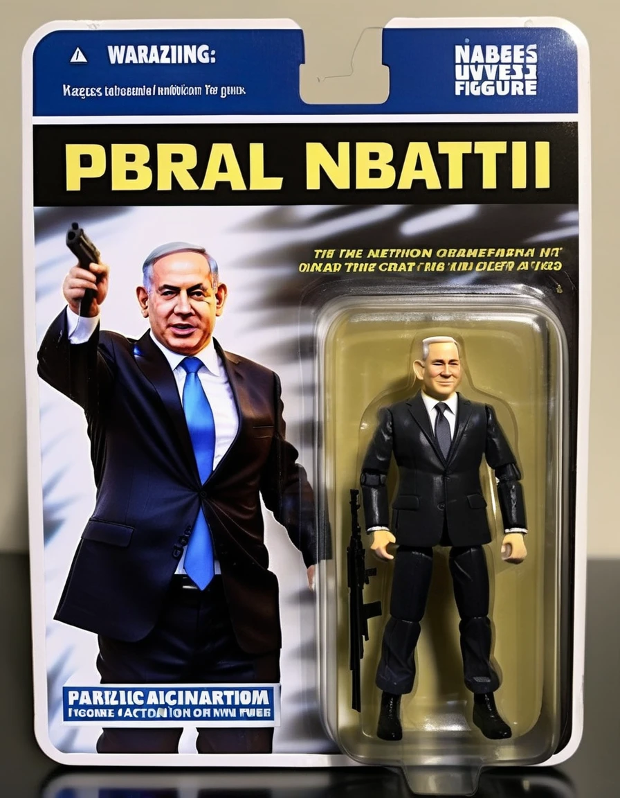 An action figure of Netanyahu in a plastic box, resembling a photograph. The figure is in a Excitement in standing with a gun, wearing dark grey suits, The packaging displays Netanyahu's dynamic in-life moments and his signature interpretation,