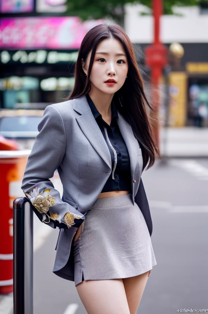 a 30 year old woman in skirt suit, she is the most beautiful actress in the world, her detailed face, the perfect proportions of her body, tight blazer is worn with shirt on her upperbody, the perfect shape of her covered , her detailed , shirt skirt is worn with on her lower body, between her legs under short skirt, are able to be seen a littleshe is standing, at the city street, , best quality, highly detailed, masterpiece, ultra high res, photo realistic, 8k