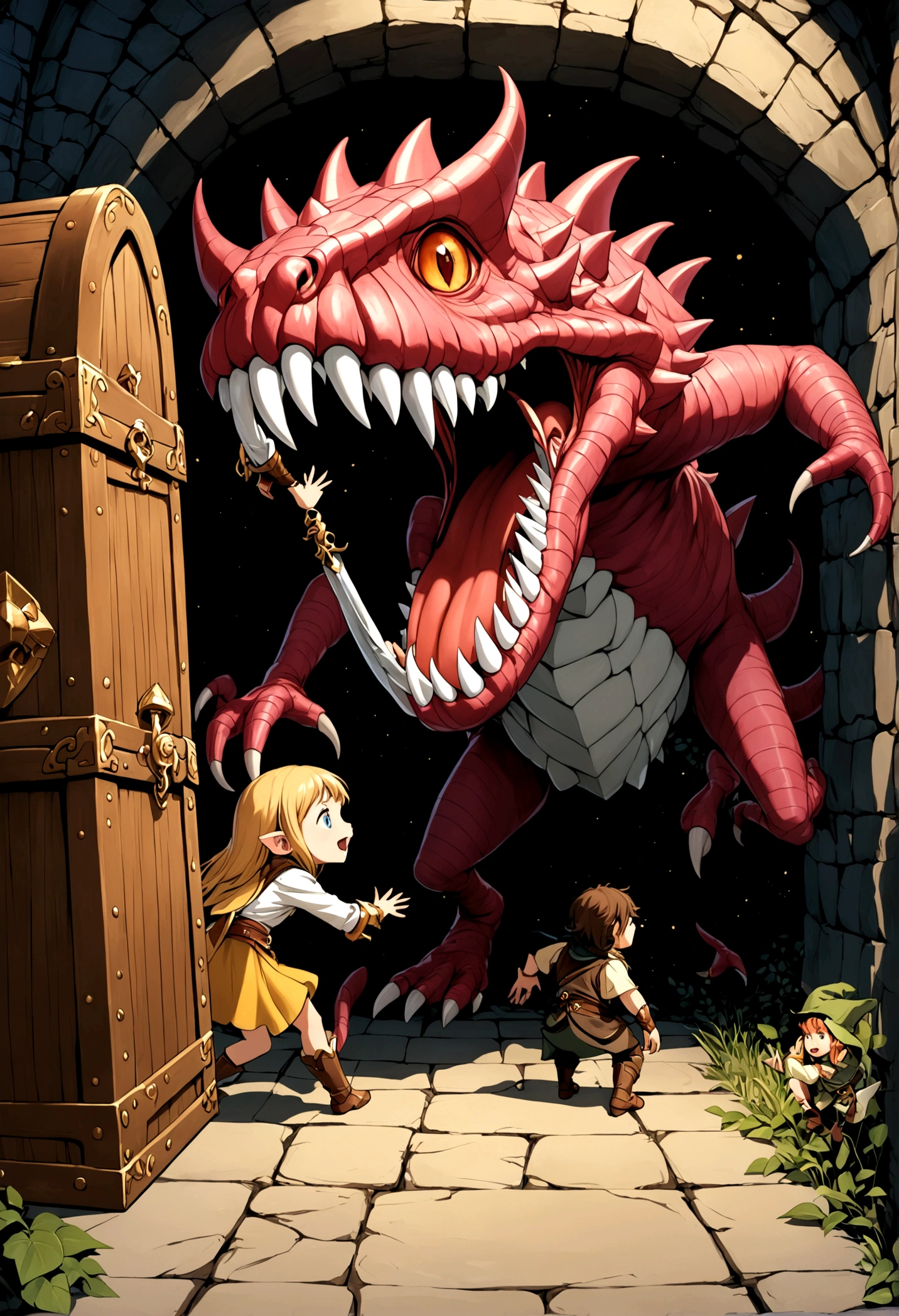 A treasure chest mimic opens its toothy maw and chases after a cute halfling thief woman, dungeon, high fantasy