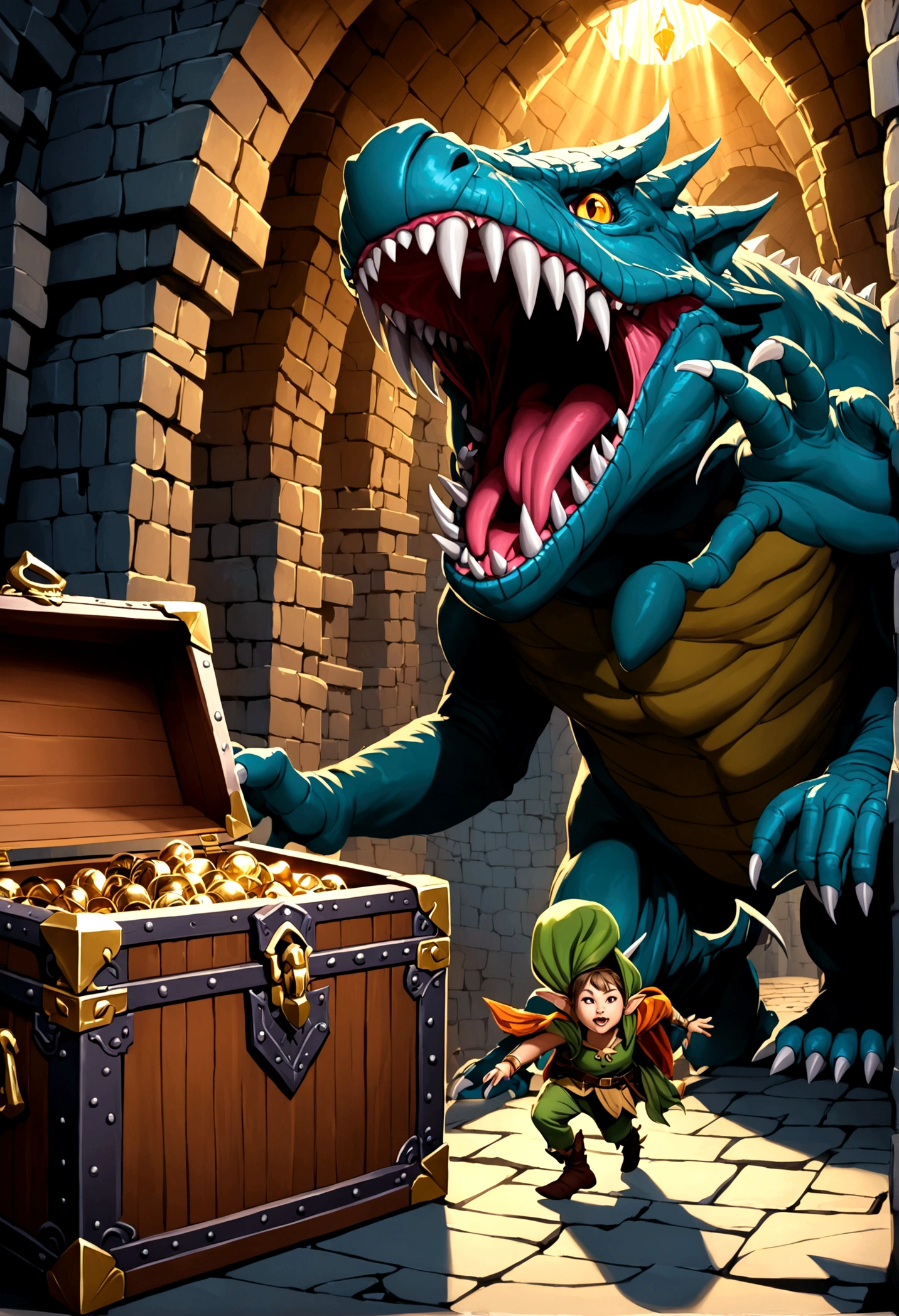 A treasure chest mimic opening its toothy maw, chasing a cute halfling thief woman, high fantasy dungeon, detailed fantasy creature, intricate architectural elements, dramatic lighting, fantasy art, cinematic composition, vibrant colors