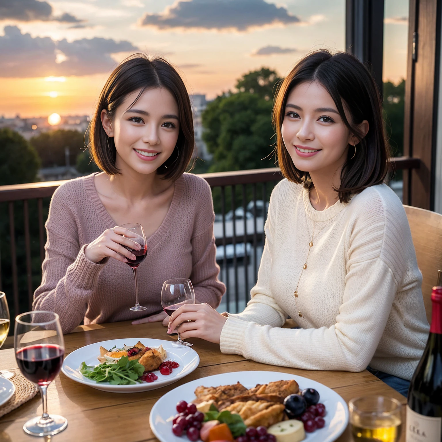 ((Highest quality、8K、masterpiece:1.3))、 (Ultra-realistic、 Genuine、Bright image、Intricate details:1.2), 最高のsmile、1 male 1 female、Beautiful couple、love love love、Lovers in Paris、Good friends、actress couple、smile、Full-course dinner at a packed table、 (Slim face), (the body is slim), (Brown Hair), (short hair), テーブルのwine glass、Please shine a light on my face、 Amazing view of the sunset sky and clouds、35 years old 39 years old, red wine 、Appetizers、Wine bottle、sparkling wine、Long sleeve shirt、dress、White wine, red wine, wine glass,