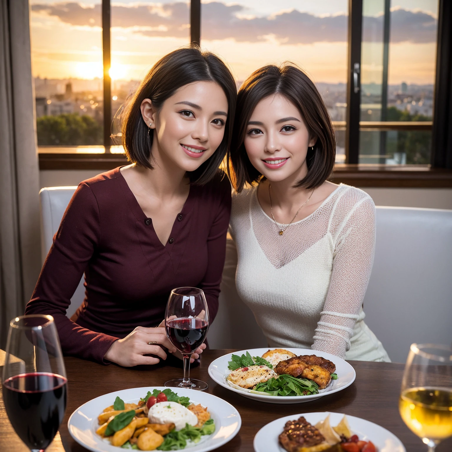 ((Highest quality、8K、masterpiece:1.3))、 (Ultra-realistic、 Genuine、Bright image、Intricate details:1.2), 最高のsmile、1 male 1 female、Beautiful couple、love love love、Lovers in Paris、Good friends、actress couple、smile、Full-course dinner at a packed table、 (Slim face), (the body is slim), (Brown Hair), (short hair), テーブルのwine glass、Please shine a light on my face、 Amazing view of the sunset sky and clouds、35 years old 39 years old, red wine 、Appetizers、Wine bottle、sparkling wine、Long sleeve shirt、dress、White wine, red wine, wine glass, 