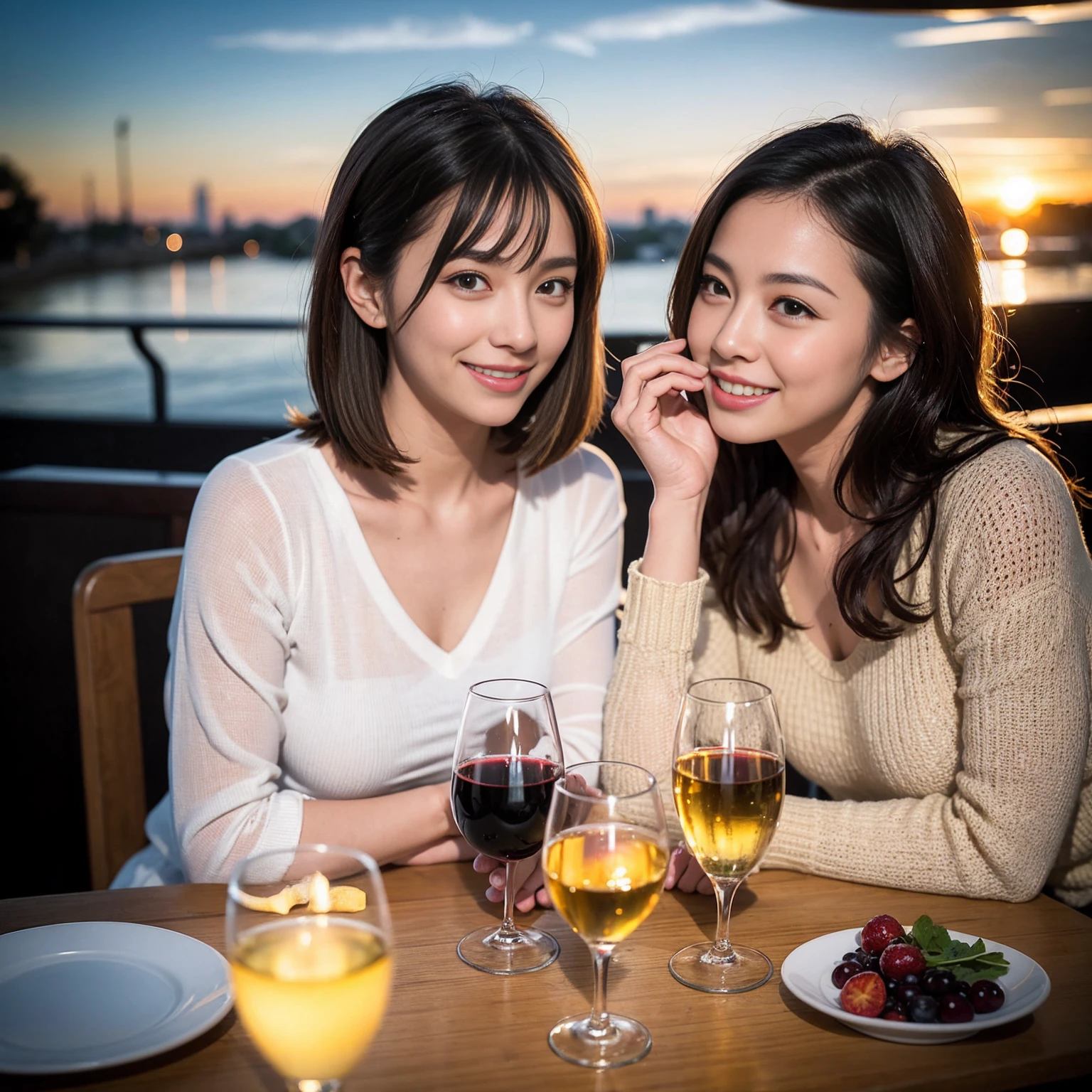 ((Highest quality、8K、masterpiece:1.3))、1 male 1 female、lover、Yoshino Kimura、Beautiful couple、Happy smile、full-course dinner、 (Slim face), (the body is スリム), (Brown Hair), (Shortcuts), ((Bob Hale、Straight hair:1.2)), テーブルの上のwine glass、Put the light on your face、 Amazing view of the sunset sky and clouds、The beauty of a smile、Bright image、Blushing, Shortcuts, (Age 35), 39 years old, Appetizers、Italian food、Wine bottle、Champagne、sparkling wine、Long sleeve shirt、dress、Attractive beauty、restaurant, Nova Frog Style, actress, model, Upper Body, White wine, red wine, wine glass,