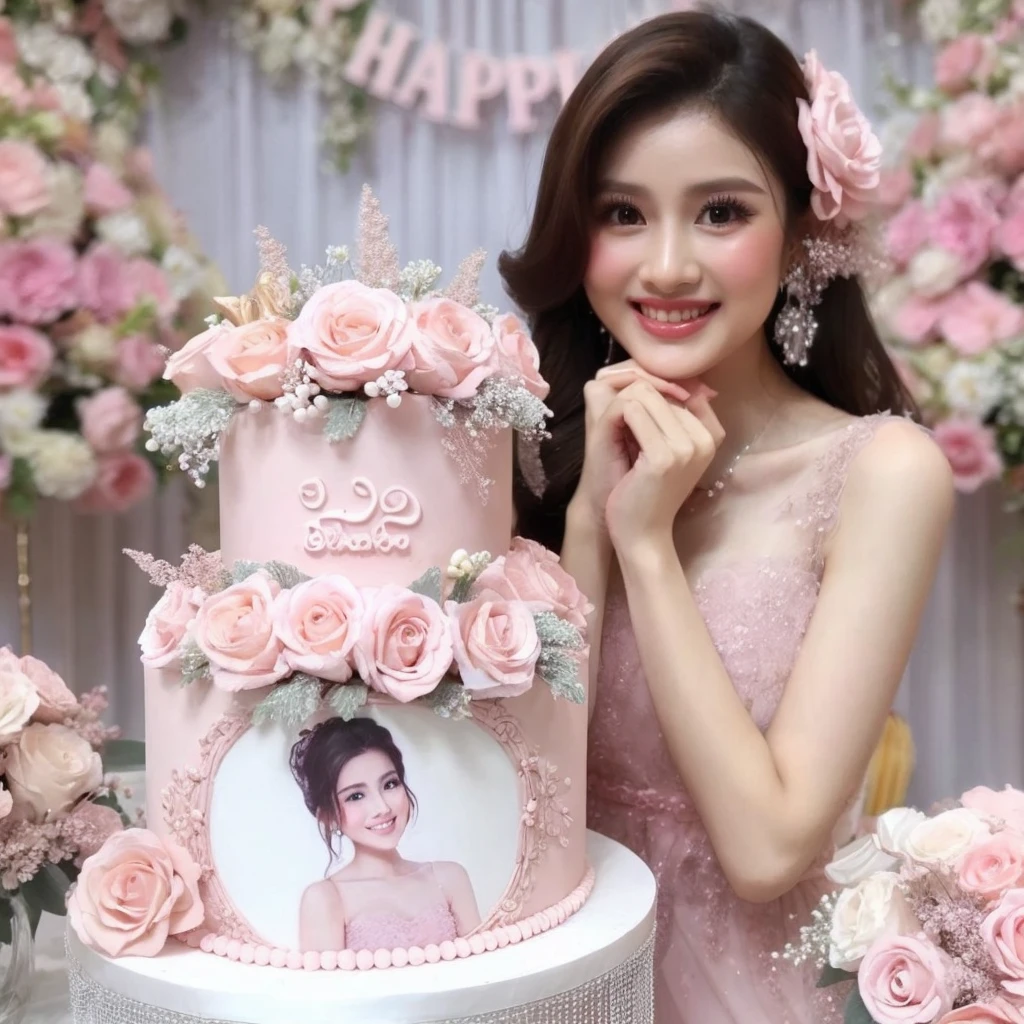 Make a very beautiful and sweet Indonesian woman, ideal body 22 years old, brown hair dressed in a soft pastel pink dress. surrounded by flowers. wearing a soft pink dress, pastel colors, tassels and ribbon ruffles, fantasy dress, wearing a soft pink dress, pastel colors, soft party dress, pastel colors, soft pink romantic tutu, pastel colors, magic dress, soft pink dress, pastel colors , in soft pastel pink or purple long dress, wearing a beautiful dress, soft pastel pink tutu, wearing a soft pastel pink romantic tutu. Both hands are holding a very beautiful and delicious-looking birthday cake with a beautiful and luxurious two-tiered design with a white base color, there is a picture of a beautiful Indonesian woman wearing a matching dress. smile softly and sweetly. The side is decorated with white mauve pink roses and small white pearls. The cake was placed on a table covered with silver cloth, and on the cake was the words "Happy Birthday" "Amel" the writing must be clear and correct