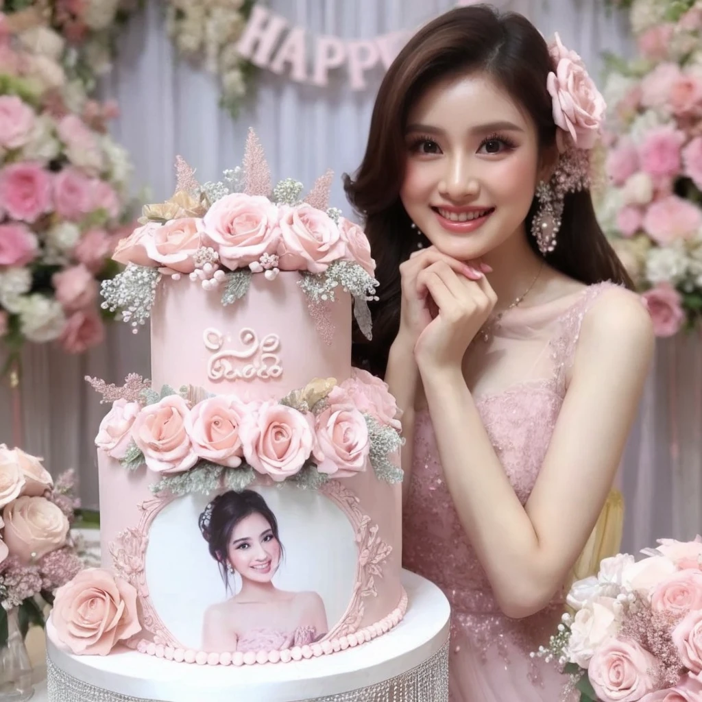 Make a very beautiful and sweet Indonesian woman, ideal body 22 years old, brown hair dressed in a soft pastel pink dress. surrounded by flowers. wearing a soft pink dress, pastel colors, tassels and ribbon ruffles, fantasy dress, wearing a soft pink dress, pastel colors, soft party dress, pastel colors, soft pink romantic tutu, pastel colors, magic dress, soft pink dress, pastel colors , in soft pastel pink or purple long dress, wearing a beautiful dress, soft pastel pink tutu, wearing a soft pastel pink romantic tutu. Both hands are holding a very beautiful and delicious-looking birthday cake with a beautiful and luxurious two-tiered design with a white base color, there is a picture of a beautiful Indonesian woman wearing a matching dress. smile softly and sweetly. The side is decorated with white mauve pink roses and small white pearls. The cake was placed on a table covered with silver cloth, and on the cake was the words "Happy Birthday" "Amel" the writing must be clear and correct