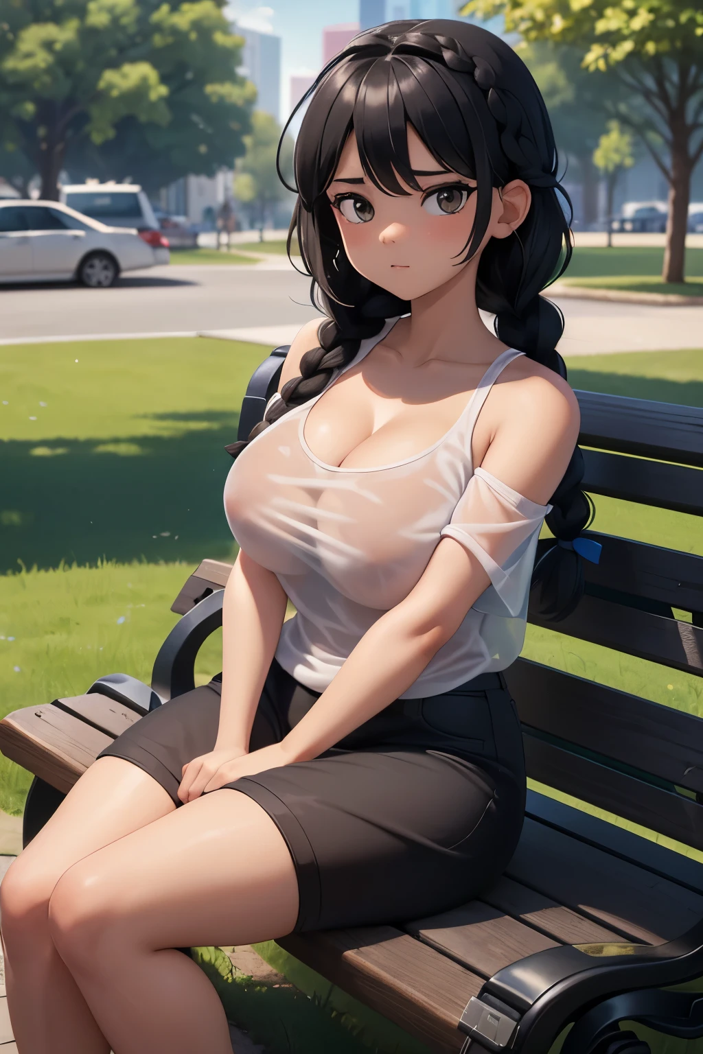 21yo girl, (black short braided hairstyle). (Only wearing transparent t-shirt, off-shoulders, show cleavage), natural big breast, show big thigh, plump body, sitting on a bench. In the city park.