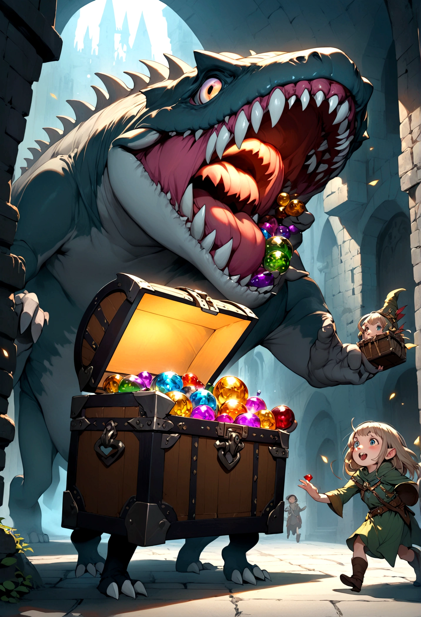 A treasure chest mimic opens its toothy maw and chases after a cute halfling thief woman, dungeon, high fantasy