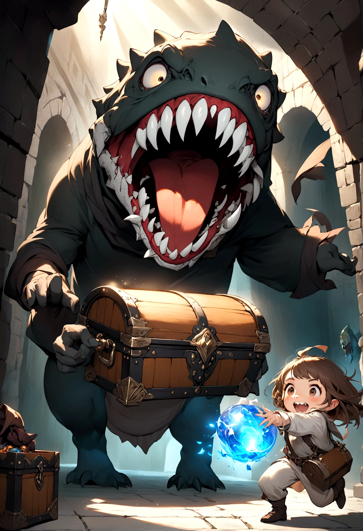 A treasure mimic opens its toothy maw and chases after a cute halfling thief woman, dungeon, high fantasy