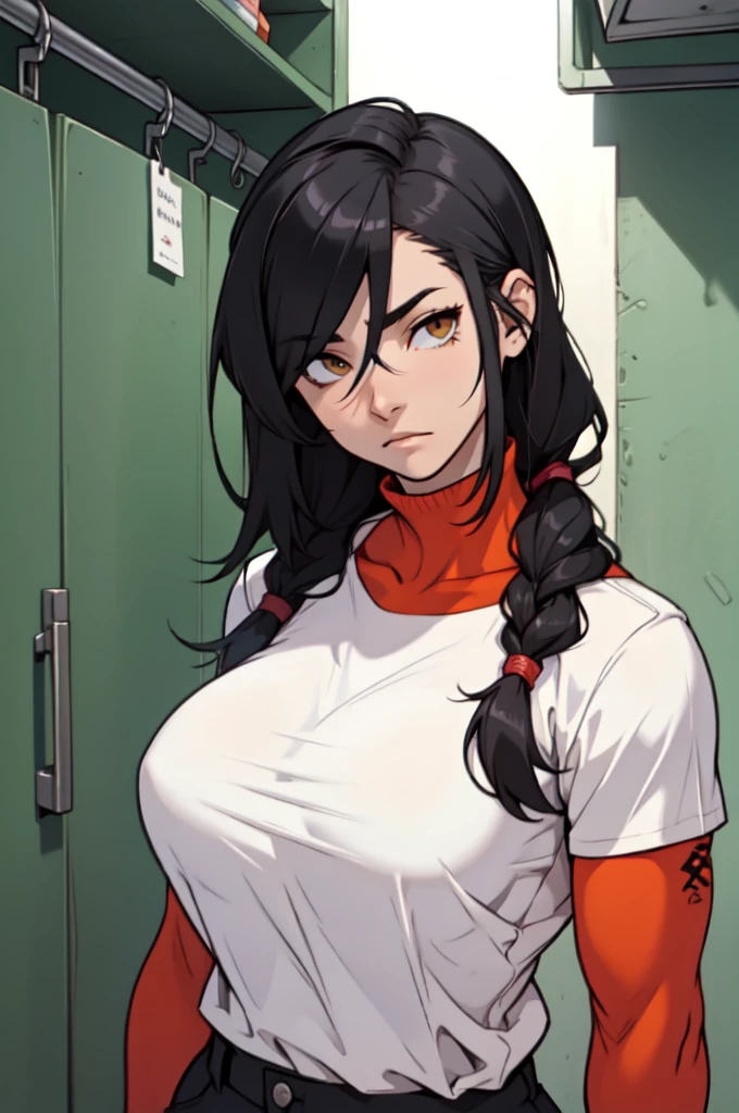 muscular thick thighs huge breasts black hair red eyes long hair turtle neck sweater sweatpants girl