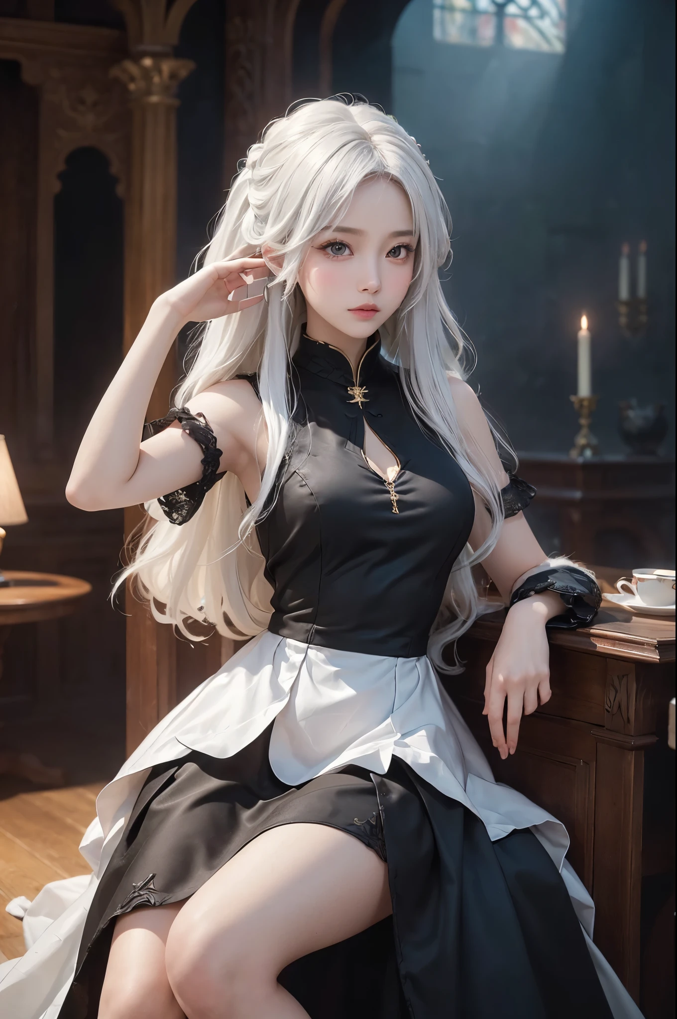 ((masterpiece:1.5,Highest quality,Highly detailed images,Beautiful images、Realistic、Photorealistic、2.5D))(1girl, 独奏)(medium breasts, white hair, black eyes, Healthy legs、Tight ass、Beautiful cleavage)(Fantasy dresses、Fantasy Clothes、Black battle dress、Deep slit)(wind, floating hair)(Inside the castle、Audience Chamber)