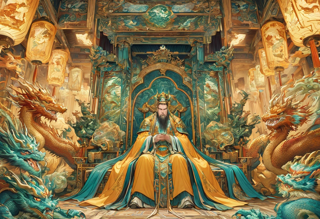 Jade Emperor seated on a magnificent golden throne in the heavenly realm. he looks down with kind, knowing eyes. A humble young farmer in simple clothing stands respectfully before him . Surround them with floating lanterns, mythical creatures like dragons and phoenixes, and vibrant celestial flora under a soft, golden light, symbolizing the sacred nature of the encounter.