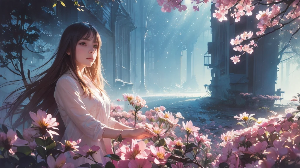 32k, Masterpiece, Highest quality, One girl, Detailed eyes, flower,Alstroemeria, Pink and light blue style,A dreamy, romantic piece,Pale yellow, Mysterious Leaves,A playful arrangement,Fantasy,High Contrast,Ink strokes,explosion,Exposure, Impression of pink and light blue tones,Abstract,((Watercolours by John Berkey and Jeremy Mann )) Brush strokes,Negative Space, Tyndall effect,