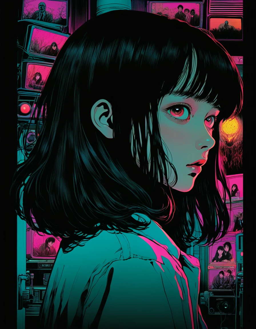 illust、art、from 80s horror movie, directed by Junji Ito、mad scientist、grandiose paranoia、high detail, realsitic shadow、Analog style, vhs style, 8mm film, chromatic aberration, Dvd screengrab、Complementary color gradient