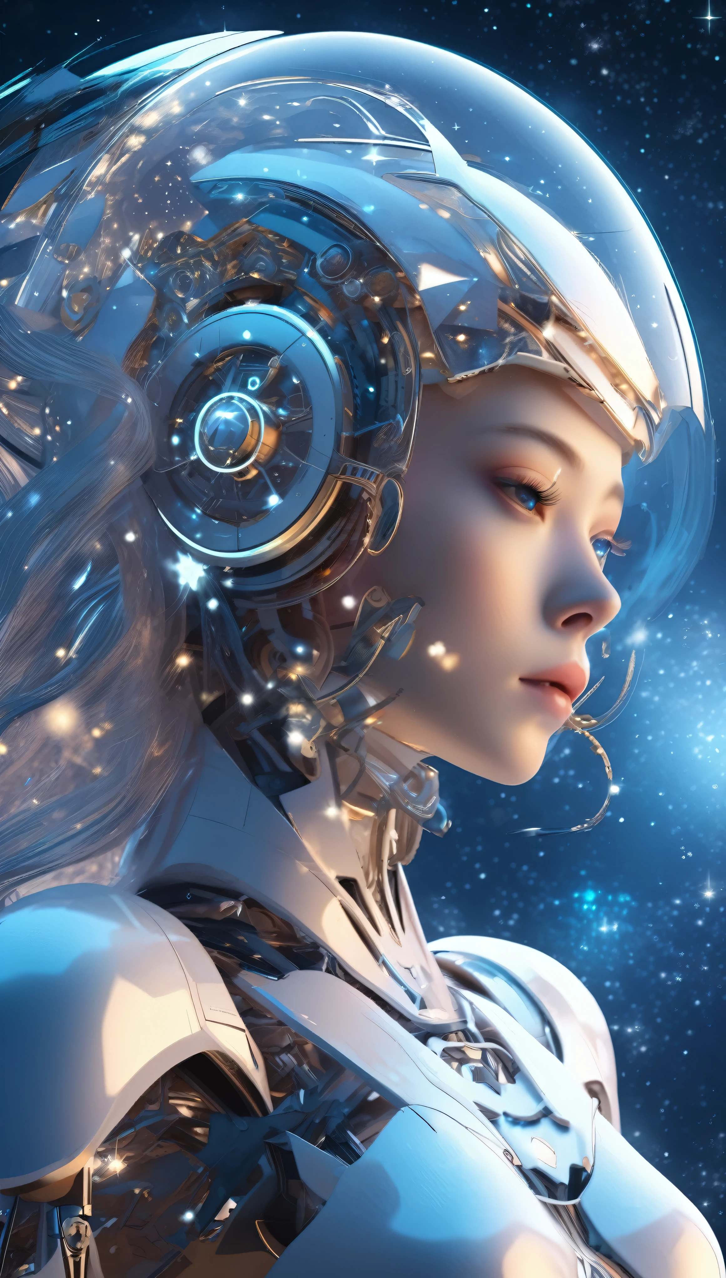 Translucent Ethereal Mechanical Girl，Futuristic girl，Mechanical joints，Future starry sky background，The stars shine