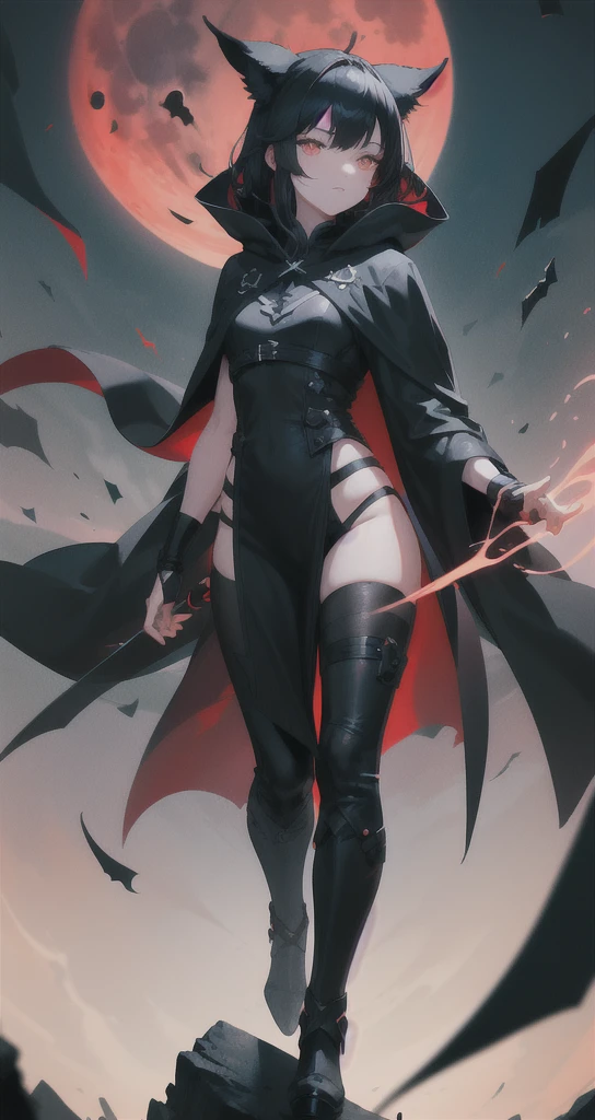 highest quality,Anime Art,beautiful girl,Flat Chest,Alluring,White Short Hair,Red eyes,whole body,Super tight off-shoulder,Cape,Japanese sword,Ruined Castle,Demon King,vampire,Black long boots, (Lewd Armor), (ass without clothes, Thick thighs）
