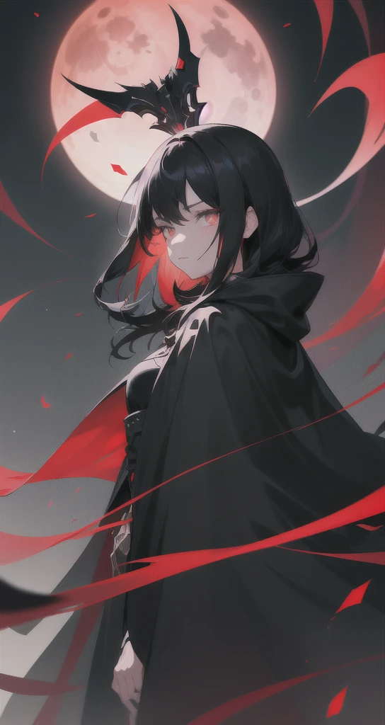 1girl, solo, wlop,
Black hair, gradient eyes, black cloak,
Falling out of sly, red moon, night sky, galaxy, dark
masterpiece, best quality,