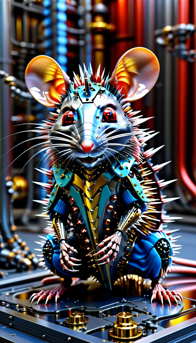 There is no one, Reality Photos, Reality Photos, Realistic photo of a rat-like creature, spikes, multi-colored shiny fur, strange and, Surreal and, the other world, A robotic factory with a shiny assembly plant, intricate details, very sharp, Sophisticated details, Flawless composition, vivid colors, masterpiece, futuristic, metal decoration, The shiny red interior is empty., polished, ray tracing