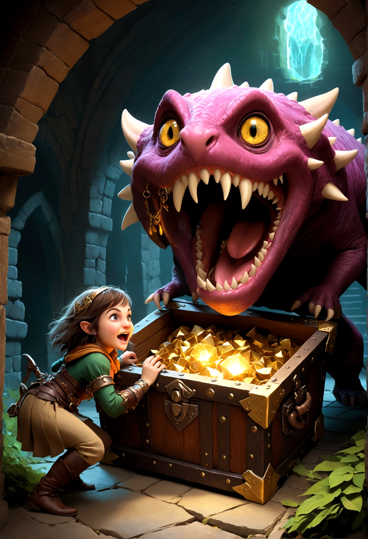 A treasure chest mimic opens its toothy maw and chases after a cute halfling thief woman, dungeon, high fantasy
