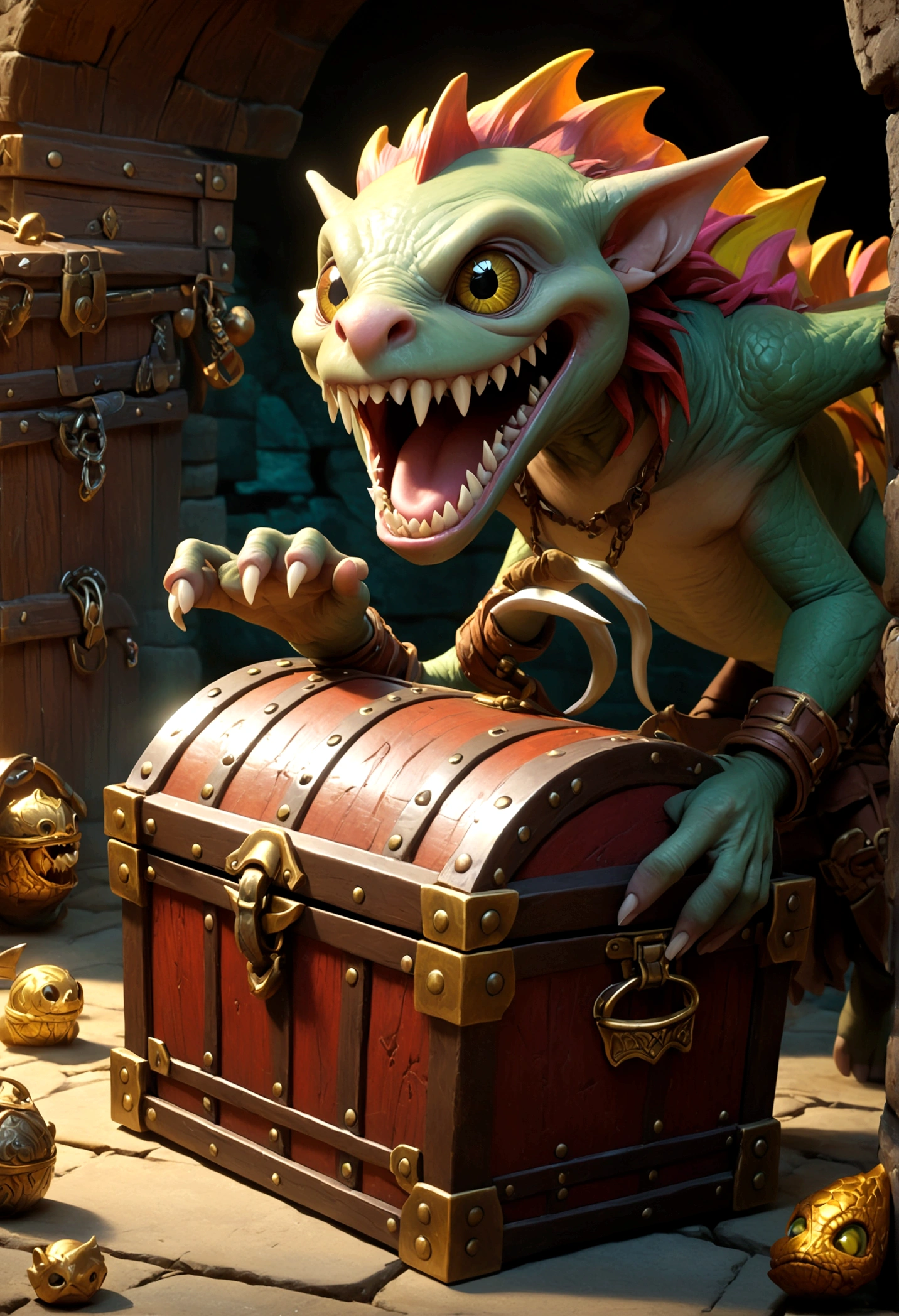 A treasure chest mimic opens its toothy maw and chases after a cute halfling thief woman, dungeon, high fantasy
