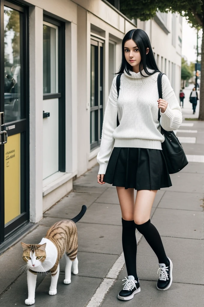 A girl with black hair, green eyes, tall and thin with white skin, wears a white sweater, a black skirt, with black knee-high socks and black sneakers, and a cat backpack. He is entering university for the first time.
