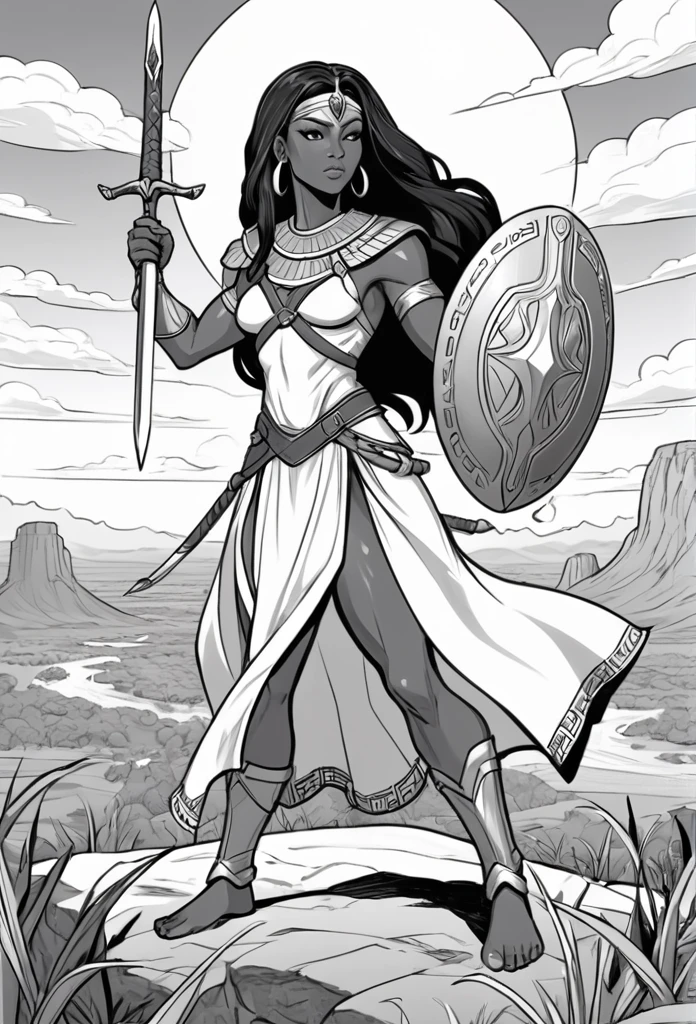Vector Art, Flattening, smooth line art, Minimalism, graphic design aesthetics, flat illustration, (masterpiece, best quality, perfect composition, very aesthetic, absurdres, ultra-detailed, intricate details, Professional, official art, line art black and white outline of a christian nubian warrior, resembling Wonder Women long flowing hair, different nationalities, easy to color design, up close, combat ready, sword and shield in hand, Background realistic and minimalistic African Serengeti landscape, simple trees and mountains, clear sky with clouds, animals in the Serengeti in the background, for a coloring page, warrior strength and connection to the land with different poses, very realistic, wakanda, coloring book page