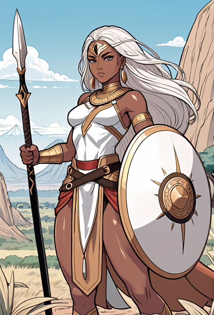 Vector Art, Flattening, smooth line art, Minimalism, graphic design aesthetics, flat illustration, (masterpiece, best quality, perfect composition, very aesthetic, absurdres, ultra-detailed, intricate details, Professional, official art, line art black and white outline of a christian nubian warrior, resembling Wonder Women long flowing hair, different nationalities, easy to color design, up close, combat ready, sword and shield in hand, Background realistic and minimalistic African Serengeti landscape, simple trees and mountains, clear sky with clouds, animals in the Serengeti in the background, for a coloring page, warrior strength and connection to the land with different poses, very realistic, wakanda, coloring book page