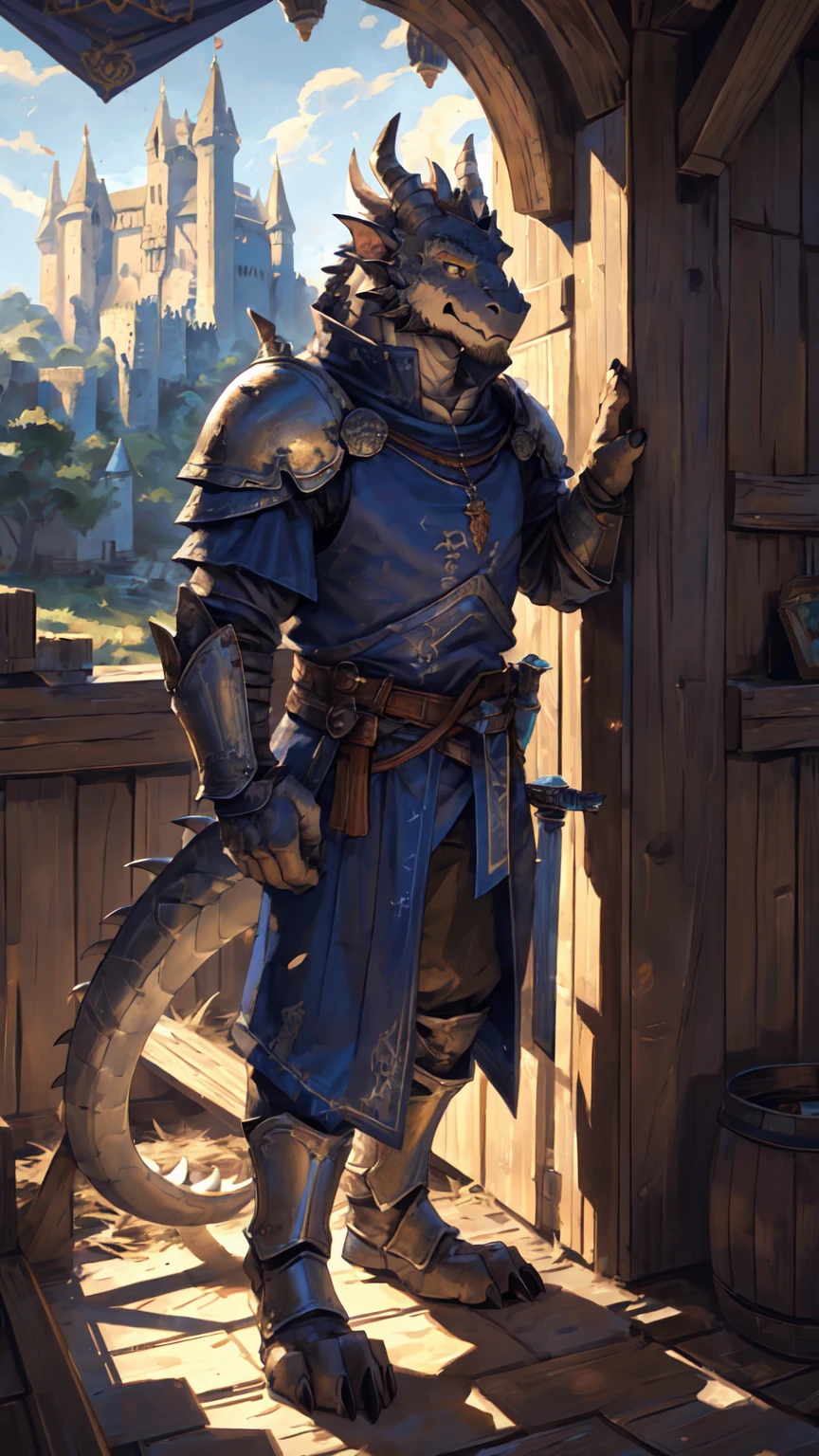 ((middle Ages:1.6,Castle Background:1.5)),((Crusu:1.6)),(Charge and kill the enemy),Sunlight,high resolution,4K,gay,(whole body:1.1),masterpiece,high quality,Calm and calm,((dragon)),male,dragonFurry,(teenager:1.3),hairy,((Stable,Handsome face:1.4)),((peaceful)),((Holding a long sword:1.3)),(((strong:1.4,Long legs:1.3,粗壮dragon尾:1.2))),(((Gray head:1.2,Golden pupils:1.2,White neck:1.3,Gray back of hand:1.4,White muscles:1.3))),(((White Armor:1.3,Armor has a blue banner:1.4))),Mature face,Exquisite eyes,Detailed body,Detailed hands,Detailed feet,Kenket's style