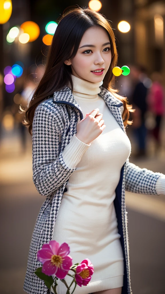 floating, (High chroma), (background, (Colorful Splash:1.3), (Colorful bubbles:1.3), (The Shining:1.3), (Colorful flowers:1.3), (Colorful Neon:1.3)), break, (One girl), (18-year-old), Very beautiful detailed face, Laugh shyly, Symmetrical black eyes, Small breasts), break, (Red houndstooth coat:1.4), (Off-white turtleneck sweater dress:1.3), Dark brown hair, Half Up, (Beautiful Face:1.2), break, high quality, Realistic, Very detailed CG 統合 8k 壁紙, Very detailed, High-resolution RAW color photos, Professional photography, Realistic portrait, Cinematic Light, Beautiful details, Super detailed, Attention to detail, (((Bokeh))), Depth of written boundary, illumination, Super stylish lighting