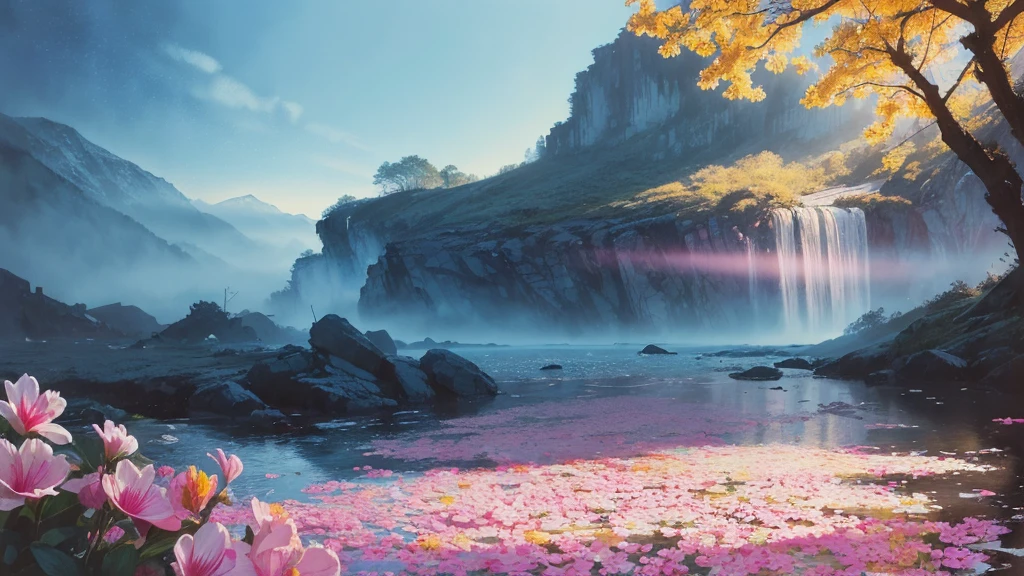 32k, Masterpiece, Highest quality, One girl, Detailed eyes, flower,Alstroemeria, Pink and light blue style,A dreamy, romantic piece,Pale yellow, Mysterious Leaves,A playful arrangement,Fantasy,High Contrast,Ink strokes,explosion,Exposure, Impression of pink and light blue tones,Abstract,((Watercolours by John Berkey and Jeremy Mann )) Brush strokes,Negative Space, Tyndall effect,