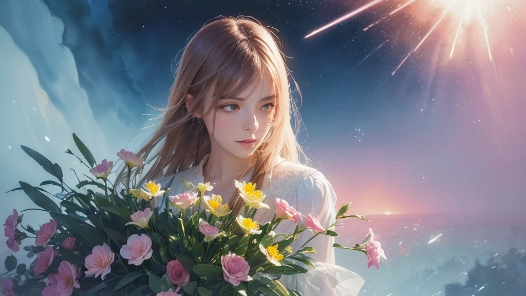32k, Masterpiece, Highest quality, One girl, Detailed eyes, flower,Alstroemeria, Pink and light blue style,A dreamy, romantic piece,Pale yellow, Mysterious Leaves,A playful arrangement,Fantasy,High Contrast,Ink strokes,explosion,Exposure, Impression of pink and light blue tones,Abstract,((Watercolours by John Berkey and Jeremy Mann )) Brush strokes,Negative Space, Tyndall effect,