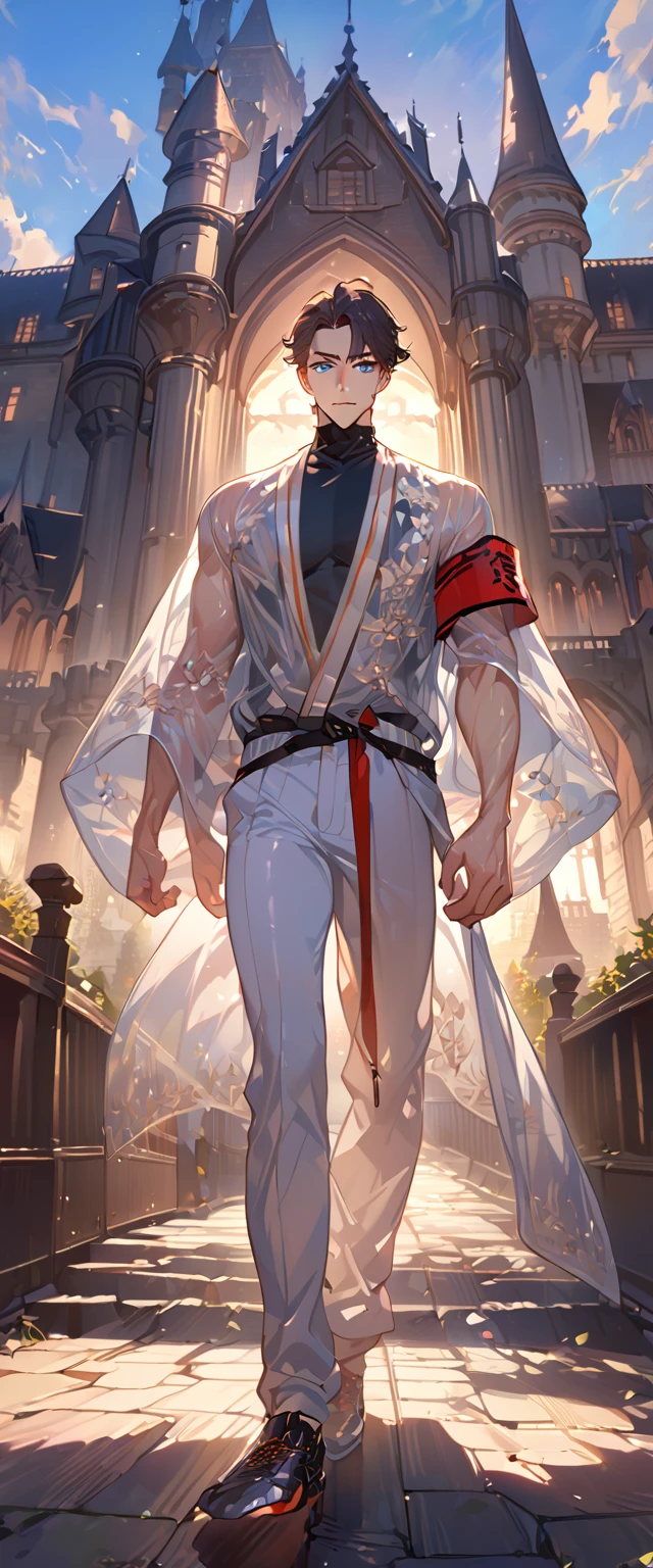 masterpiece, best quality, 8k ,4k ,solo, male, short dark blue reddish hair, black sleeveless turtle neck shirt, transparent robe hanging by the shoulder, transparent embroidery robes, white jogger pants, Walking, Manly pose, muscle arms, Armband, bangs, blue reddish eyes, pale skin, sharp look, Sharp eyes, Morning walk, Castle Hall Background, high quality, extremely detailed, finely detailed eyes and detailed face, slender body, inspired by Asukaziye artist : ask, art style : ask