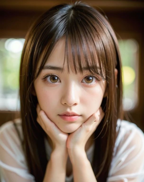 Highest quality, Face Focus, Soft Light, Ultra-high resolution, (Realistic:1.4), RAW Photos,Small , Light 1 Japanese girl, alone, cute, (pupil, Light in your eyes),  Beautiful face in every detail, (Small box),(High resolution detail of human skin texture),
(Long Hair),
indoor,
Damask Shirt Dress,
(Portraiture)